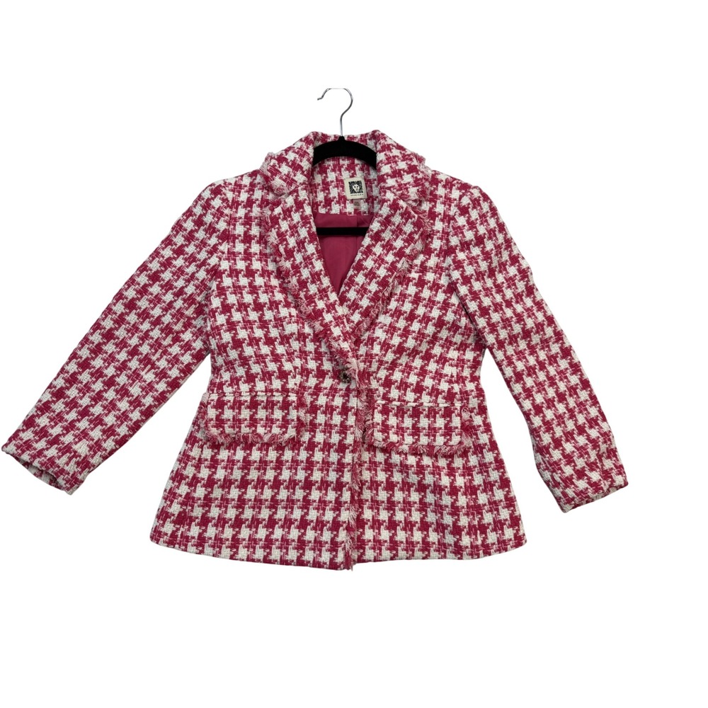 Anne Klein Houndstooth Tweed Blazer Womens PXS Pink Excellent Fringe Trim